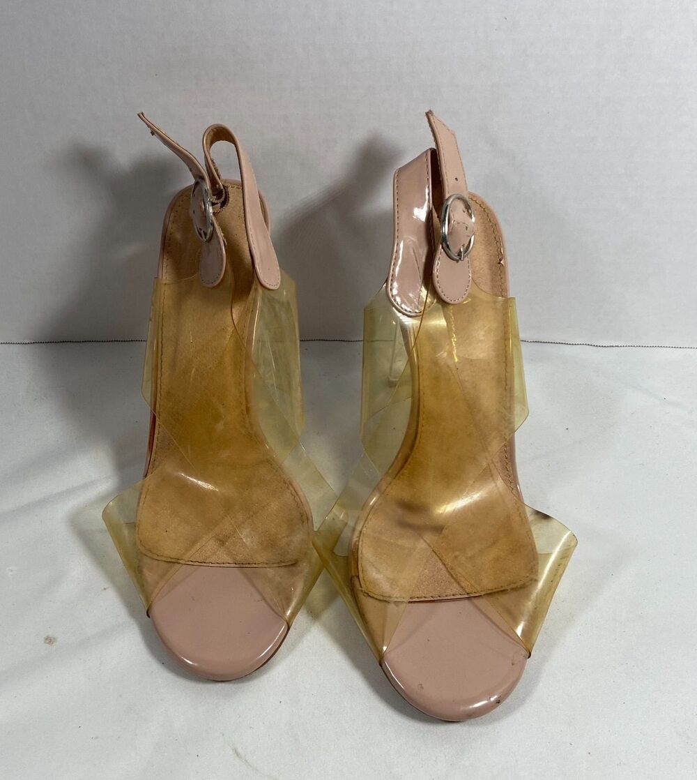 Qupid Womens 8 Nude Clear Strap Block Heel Sandals Pink Vinyl